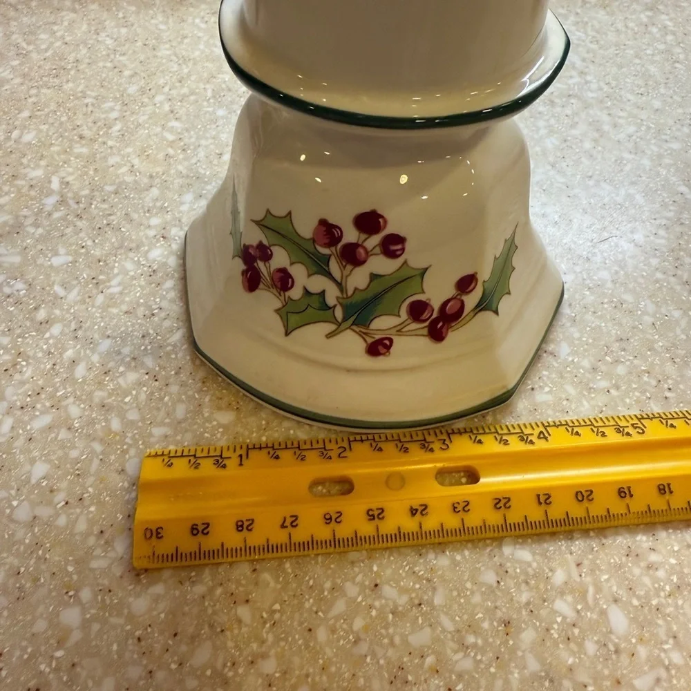 Sango Festive Vintage 5 inch Holly Berry Pillar Candle Holder White Christmas